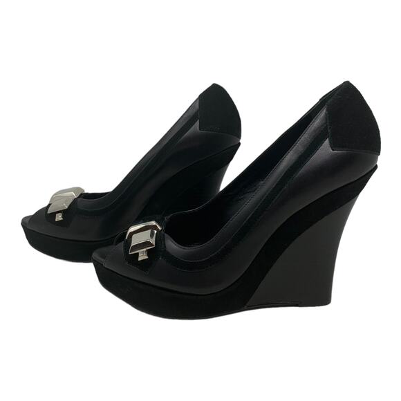 Karen Millen Black Leather Peep Toes Wedge Shoes size 39 - 8 - Picture 4 of 11